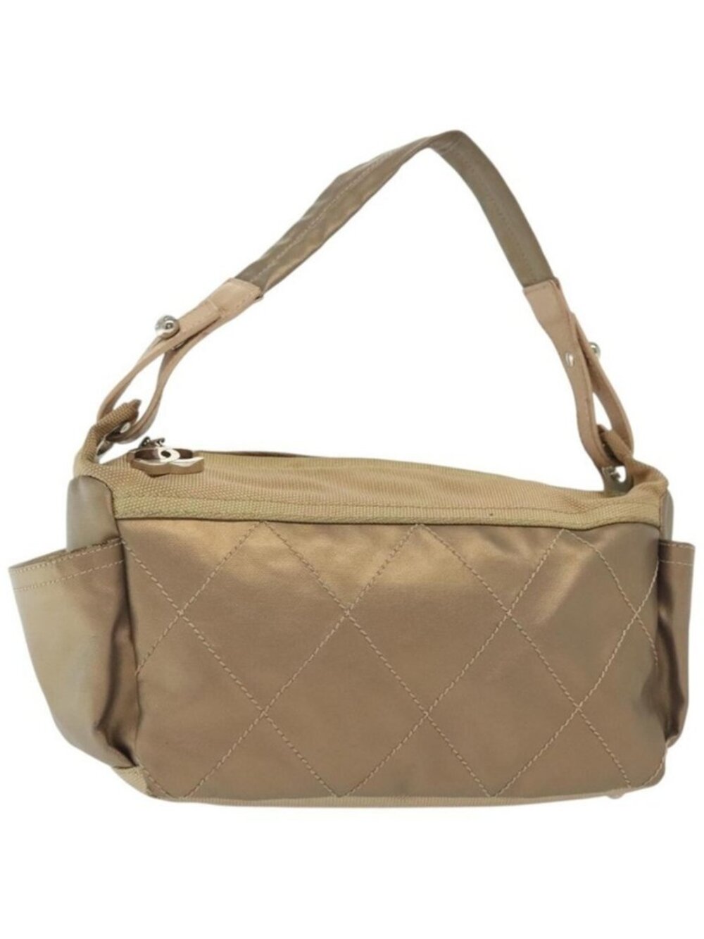 Authentic CHANEL Paris Biarritz Shoulder Bag Coated Canvas Beige Silver CC
